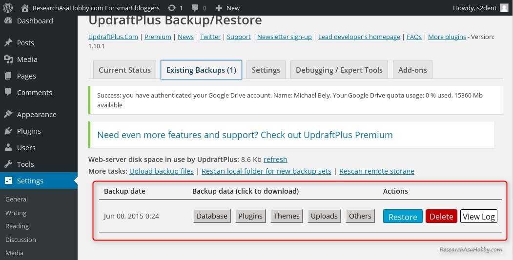 How to backup WordPress to Google Drive - test backup with UpdraftPlus plugin - existing backups