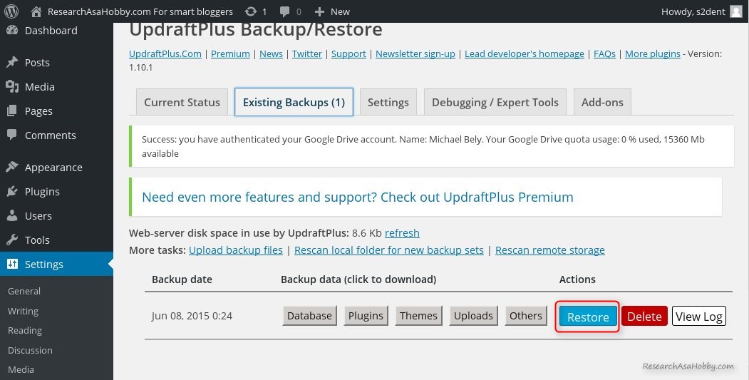 How to backup WordPress to Google Drive - test restore with UpdraftPlus plugin