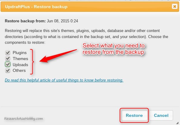 How to backup WordPress to Google Drive - test restore with UpdraftPlus plugin - popup