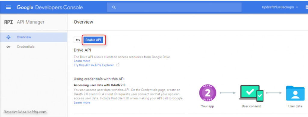 How to backup WordPress to Google Drive - Enable API location