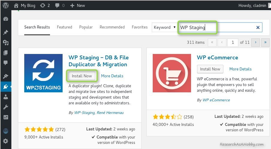 installing WP Staging plugin