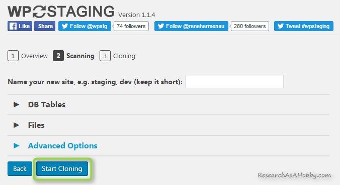 WP Staging - start cloning button