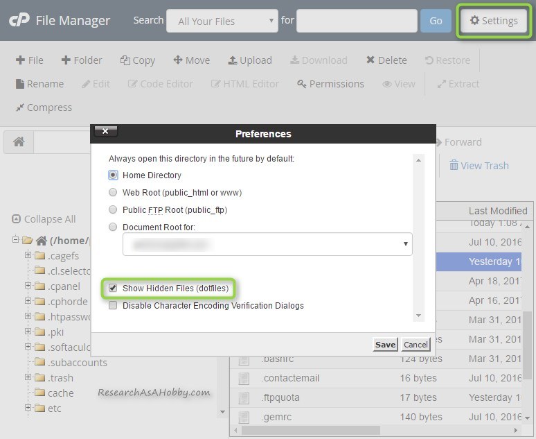 Show hidden files in cPanel File Manager