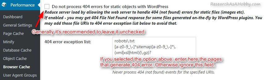 W3 Total Cache: Browser Cache / General / Do not process 404 errors for static objects with WordPress