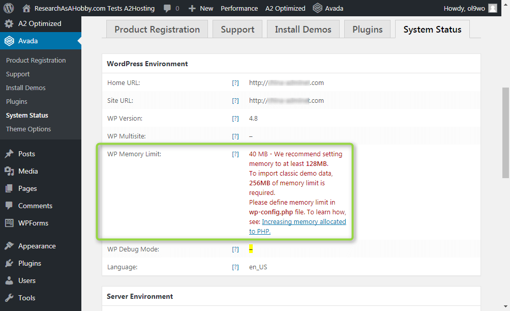 avada system status - installed on a2hosting