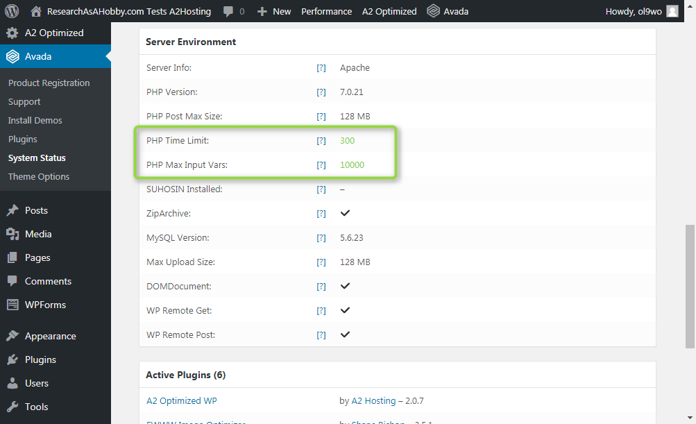 A2 Hosting Drive (Swift) - Server environment limits on Avada