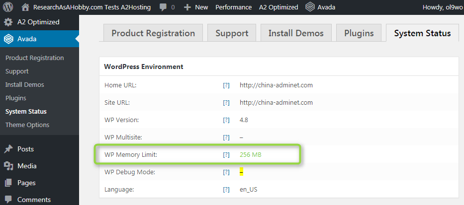 avada system status after php limit increase on a2hosting