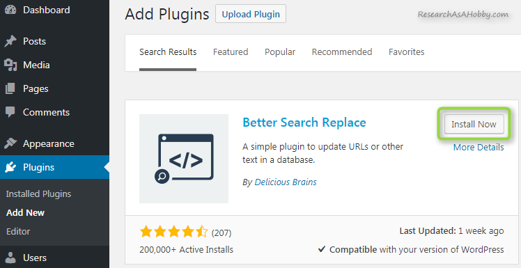 installing better search replace plugin