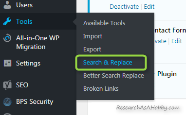 search replace plugin settings
