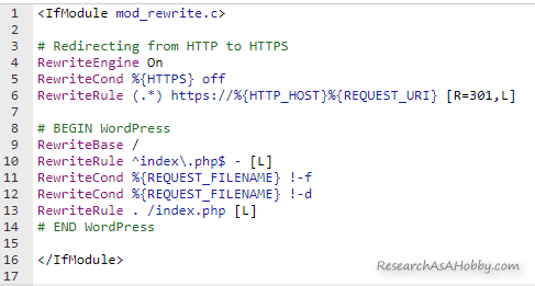 cpanel htaccess redirect code from http to https